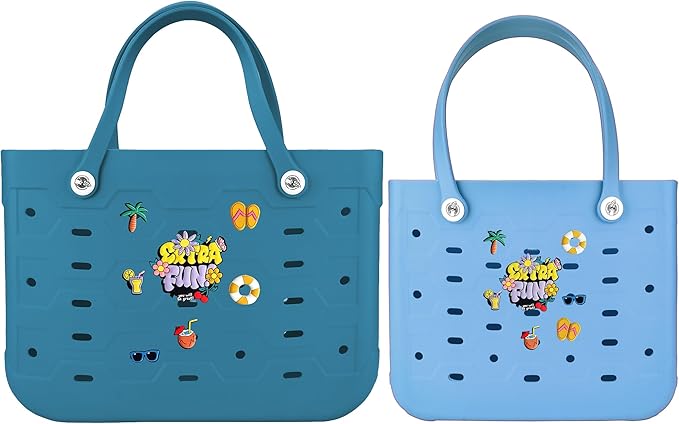 2-Piece Tote Bag Set, Waterproof Rubber Beach Bag with Summer Pattern, Medium & Large Handbag for Pool, Beach, Boat