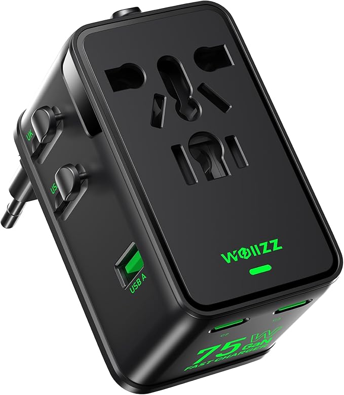 75W Tiny Universal Travel Adapter, GaN Fast Charging European Power Adapter with 5 Ports (1 AC, 1 USB-A, and 3 USB-C), Plug Adapter with Smart Chip for Over 200 Countries, PD&QC Charger