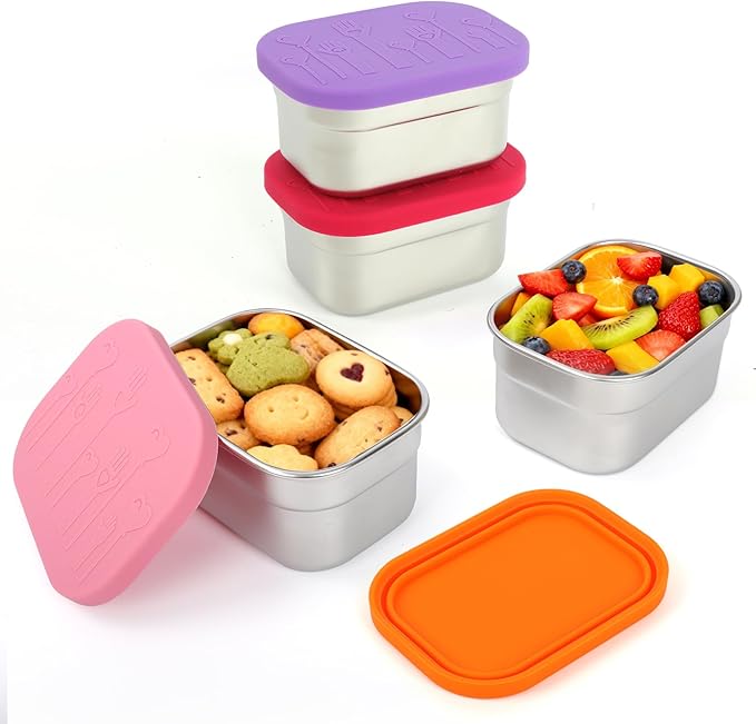 4 Pack Stainless Steel Snack Containers with Lids Set, 8 oz Rectangular Easy Open Leakproof Reusable Snack Box Container for Lunch, Small Lunch Food Containers for Meal Prep, Salad Dressing To Go