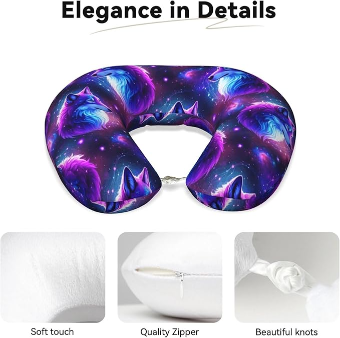 Comfortable Memory Foam Travel Neck Pillow, Funny Chin/Head Cushion Supporting Airplane Car Pillows Purple Universe Galaxy Magic Wolf in The Space Art for Sleeping Outdoors Travel Office