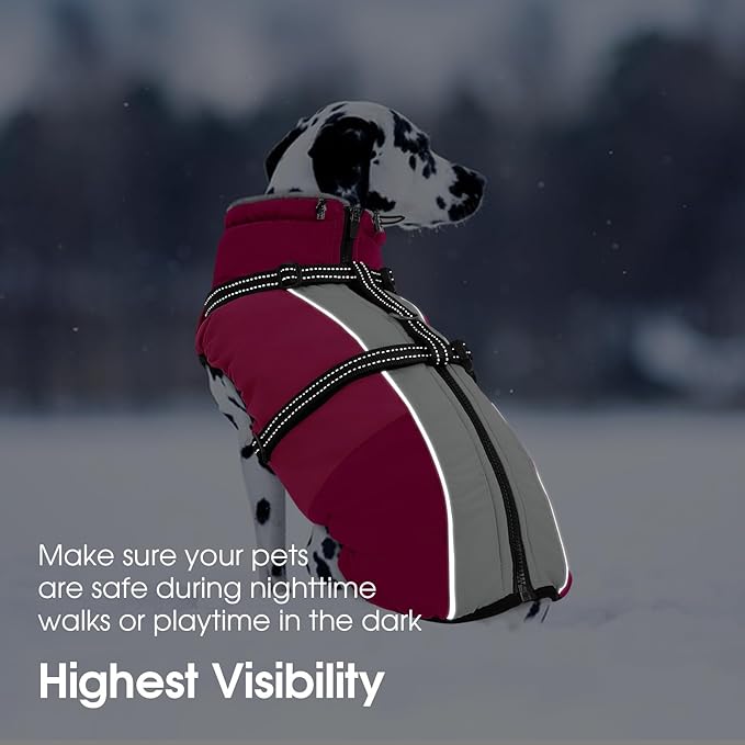 SUNFURA Large Dog Coat with Harness Built in, Warm Dog Jacket Waterproof Pet Winter Coat Snowsuit for Cold Weather, Reflective Fleece Jacket for Large Dogs, Border Collie, Hot Pink XL