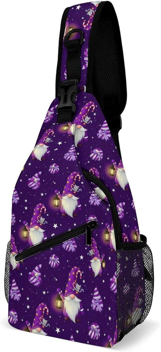 SWEET TANG Cool Sling Backpack for Men Women, Multipurpose Crossbody Shoulder Bag Gnome Purple, Travel Hiking Zippered Daypack, Adjustable and Breathable