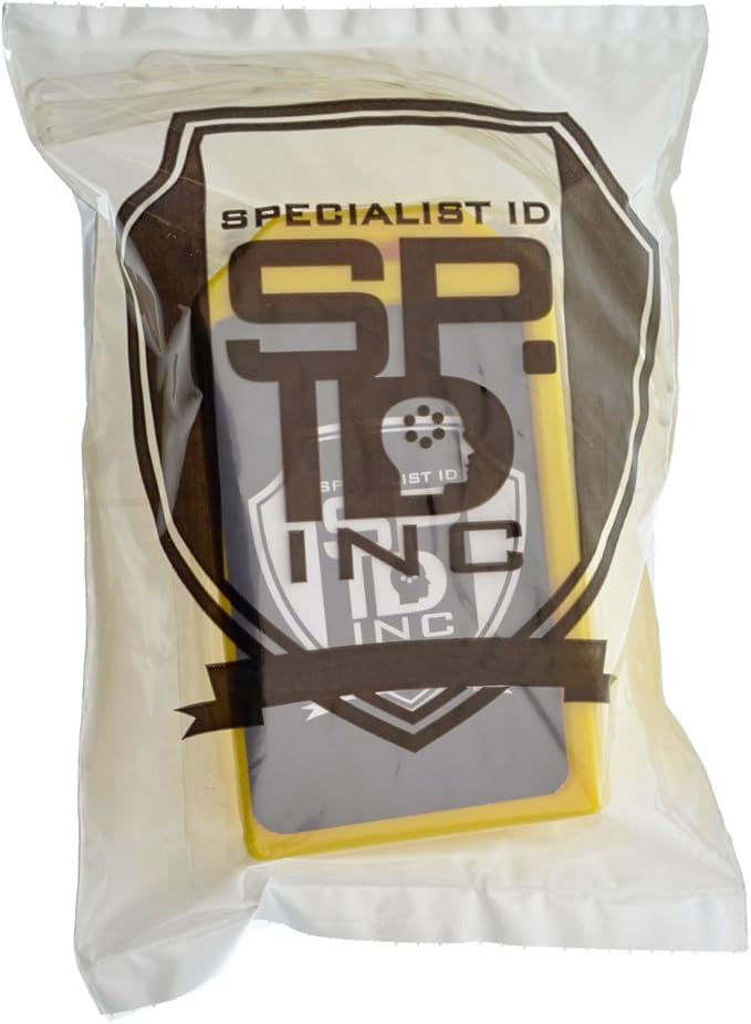 5 Pack - Premium Rigid Airline Luggage Tag Holders with 6" Worm Loops - Heavy Duty Hard Plastic -Suitcase ID Tag Identifiers with Business Card Insert Window by Specialist ID (Yellow)