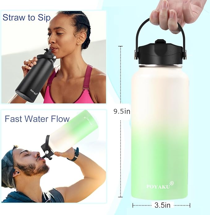 Water Bottle Insulated 32oz 40oz 64oz 128oz Straw Lid Spout Lid & 3 Lids, Leak Proof, Vacuum Insulated,Stainless Steel Water Bottle Wide Mouth for Sports, Gym or Office