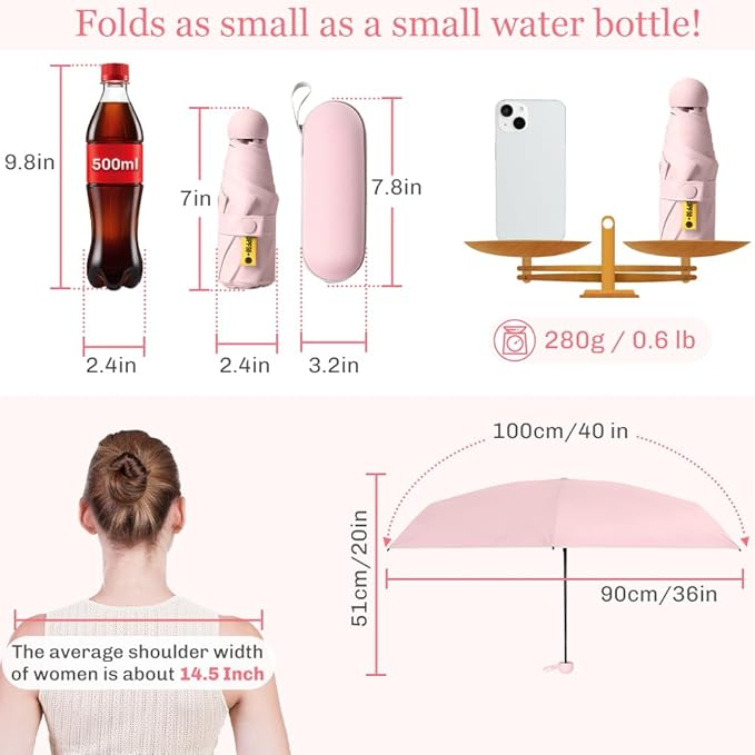 TOPSAIL Mini Umbrella Compact for Travel, UV Sun Protection(UPF50+), Waterproof for Light Rain, Suitable for Women & Kids With a Case, Manual 6k Folding Small Pocket Size Ufor Backpack/Purse
