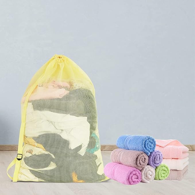 Mesh Laundry Bags with Adjustable Shoulder Strap, 24" x 36" Heavy Duty Nylon, Drawstring Closure, 3-Pack, Mixed Colors