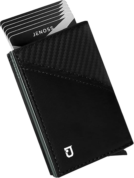 Jenoss Smart Wallet For Men: Full Grain Leather, Handcrafted, Slide Metal Pop Up Grey Case, Slim RFID Blocking Credit Card Holder, Minimalist Compact 12 Cards Slot Organizers ID Money Clip (Carbon)