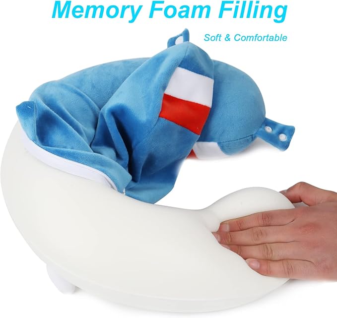 Superhero Travel Pillow for Kids & Adults with Sleep Eye Mask, Memory Foam U-Shaped Neck Pillow with Washable Cover, Soft Head Support Travel Accessories for Airplane Car Train Bus Recline, Blue