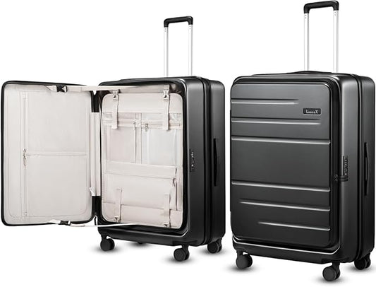 LUGGEX Checked Suitcase Top Opening, FLT Expandable Polycarbonate Hard Shell Suitcase with Wheels (FLO-Lite, Black, 28 Inch, 105L-115L)