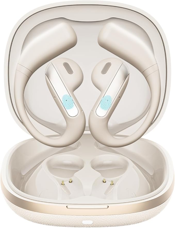 Open Ear Bluetooth 5.3 Earbuds, Wireless Headphones Sport Over Earphones Built-in Mic with Ear Hooks, 58H Playtime Ear Buds Fast Charging, IPX7 Waterproof for Running/Workout-Off White