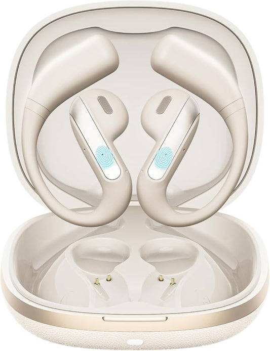 Open Ear Bluetooth 5.3 Earbuds, Wireless Headphones Sport Over Earphones Built-in Mic with Ear Hooks, 58H Playtime Ear Buds Fast Charging, IPX7 Waterproof for Running/Workout-Off White