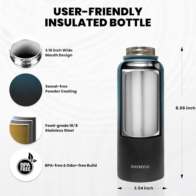 Insulated Water Bottle 32 oz, Triple Wall Vacuum Stainless Steel (Cold for 48 Hrs, Hot for 24Hrs), Leak Proof & Non-BPA, 32oz Hydro Water Flask with Paracord Handle & Straw Spout Lids