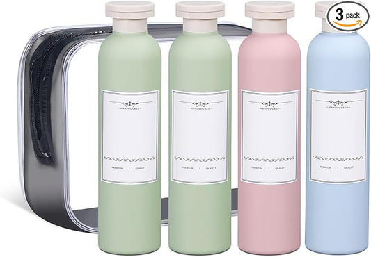 ASEVAT 8.8 oz Plastic Leak Proof Travel Bottles for Toiletries, Plastic Travel Size Containers, Shampoo and Conditioner Bottles Refillable Squeeze Bottle for Lotion, Body Wash (4Pcs)