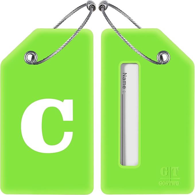 Gostwo 2 Pack Silicone Luggage Tags for Suitcases, 26 Initial Letter Baggage Labels Handbag School Bag Suitcase Instrument Tag with Stainless Steel Loop(Green)(Letter C)
