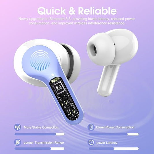 Wireless Earbuds, Bluetooth 5.4 Headphones HiFi Stereo, Bluetooth Earbuds with ENC Noise Cancelling Mic, IP7 Waterproof in Ear Earphones, 48H, LED Display Ear buds for Pad Phones Workout, White Purple