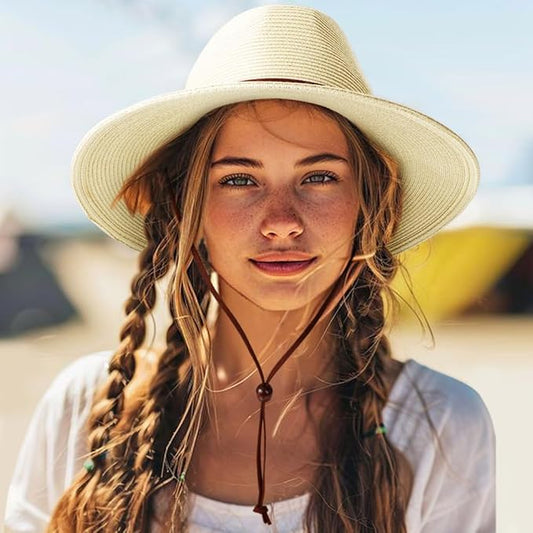 DRESHOW Women Straw Panama Hat Travel Fedora Beach Sun Hat Summer Wide Brim Straw Roll up Hat UPF 50+