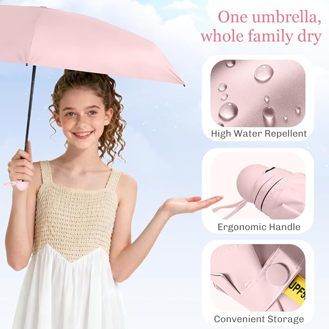 TOPSAIL Mini Umbrella Compact for Travel, UV Sun Protection(UPF50+), Waterproof for Light Rain, Suitable for Women & Kids With a Case, Manual 6k Folding Small Pocket Size Ufor Backpack/Purse