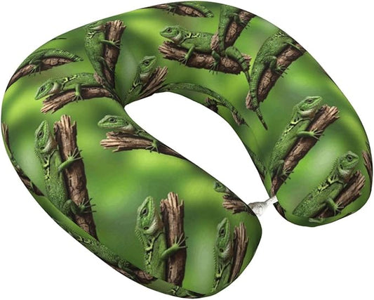 Comfortable Memory Foam Travel Neck Pillow, Funny Chin/Head Cushion Supporting Airplane Car Pillows Green Tree Bearded Dragon Lizards for Sleeping Outdoors Travel Office