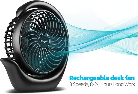 Viniper Battery Operated Fan, Usb Desk Fan : 180° Rotation and 3 Speeds Portable Office Fan, About 8-24 Hours Working for Office Home (Light Pink, Light Black Blade)