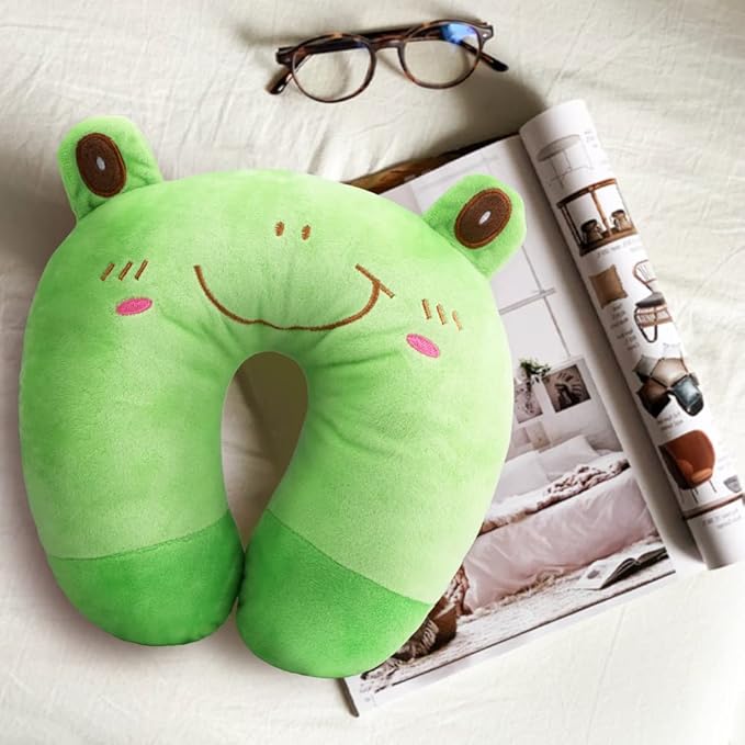 EKDJKK Travel Pillow for Kids, Cute Animal Neck Pillow Support U Shaped Cushion Plush Soft Rest Reading Pillow Sleeping Pillow for Airplane Train Car (Frog)