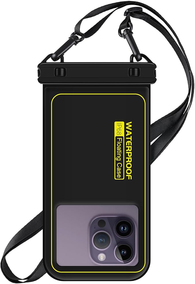 Waterproof Phone Pouch Floating, IP68 Waterproof Phone Case for iPhone 16 Pro 15 14 13 12 11 Pro Max Samsung Google, Dry Bag with Adjustable Lanyard, Up to 6.7'' Black