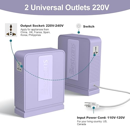 3000W Step Up Transformer 110v to 220v Converter, Heavy Duty Voltage Converter 110v to 220v with Dual Outlets, Overload Protection & Ultra-Quiet Design for Home Appliances, Light Purple