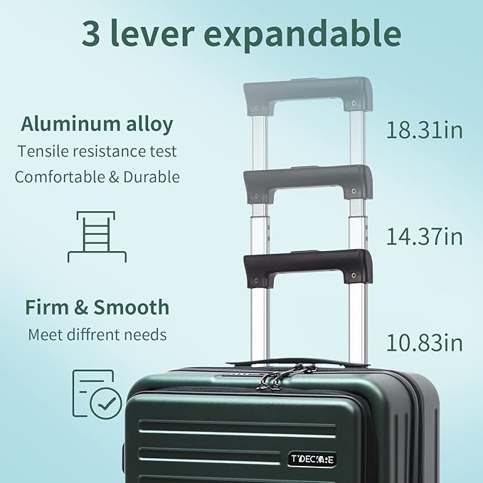 TydeCkare 20 Inch Carry On Luggage with Front Pocket, 21.65 * 15.35 * 7.87" Suitable for Airplane Overhead Bin, 34L Lightweight PC+ABS Hardshell with YKK Zipper, TSA Lock Approved, Dark Green