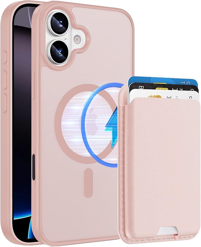 Ntwinro Magnetic for iPhone 16 Case (Compatible with MagSafe) with Detachable Wallet & Card Holder for 3 Cards [RFID Blocking] Military Grade Protective Slim Phone Cover, Pink