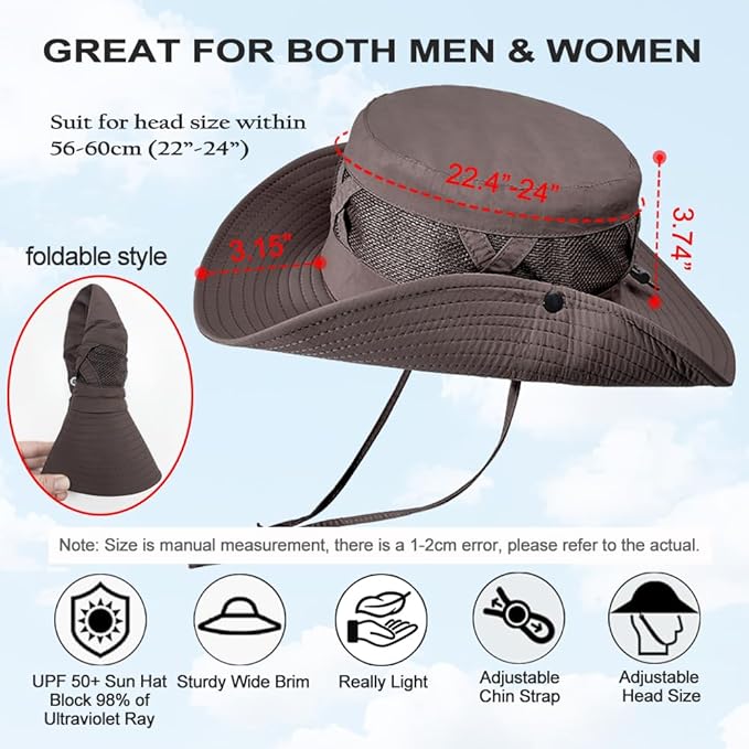 Fishing Hat UPF50+ Wide Brim Sun Hat for Men Women, Water Resistant Summer Sun Protection Safari Hat Hiking Bucket Hat