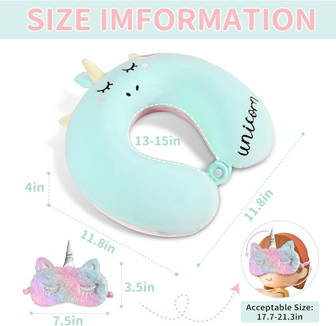Neck Travel Pillow for Kids, Unicorn Airplane Memory Foam Pillow with Cute Sleep Mask & Earplugs, Lightweight Travelling Sleeping Pillow Set for Car, Train, Bus and Home Use (Blue)