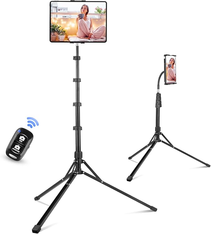 Aureday Adjustable Tripod Stand, 67” Height, Tablet Holder for iPad mini/Air/Pro, Kindle, Switch, Smartphones, 4.7”-12.9” Devices