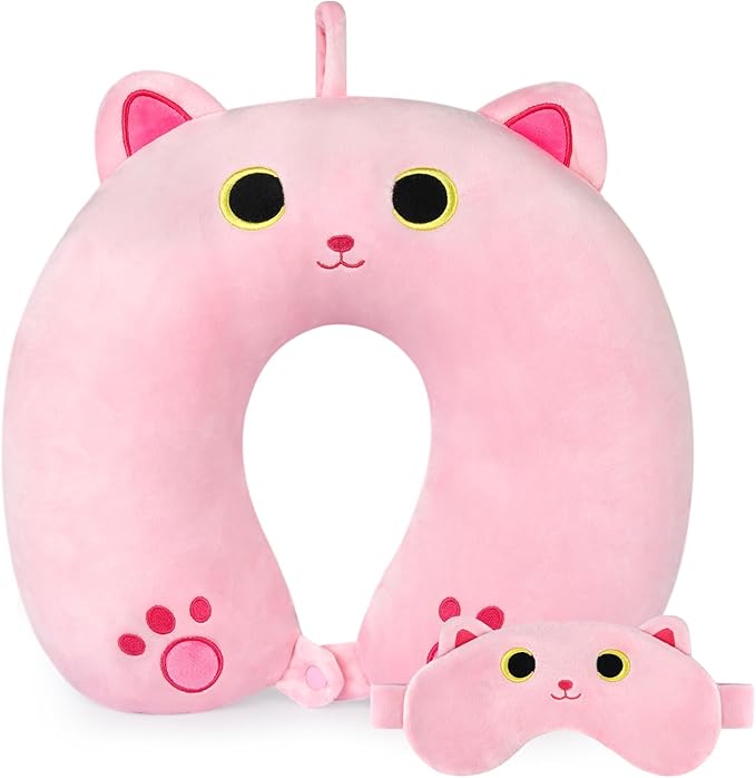 Kids Neck Pillow for Travel, Cute Cat Neck Pillow with Eye Mask for Sleeping Journey, Soft U-Shaped Travel Pillow for Airplane Car (Pink)