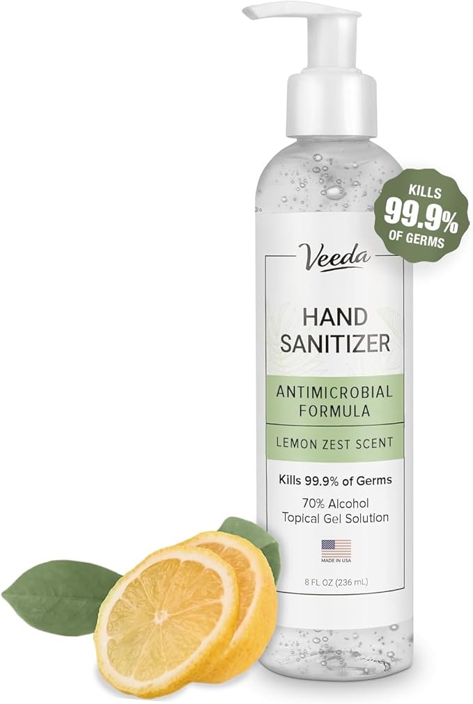 Veeda Scented Hand Sanitizer with Lemon Zest Scent - Moisturizing Clear Gel with Vitamin E & Antimicrobial Formula- Contains 70% Ethyl Alcohol - Hand Sanitizer Travel Size, Made in USA - 8 fl. oz.