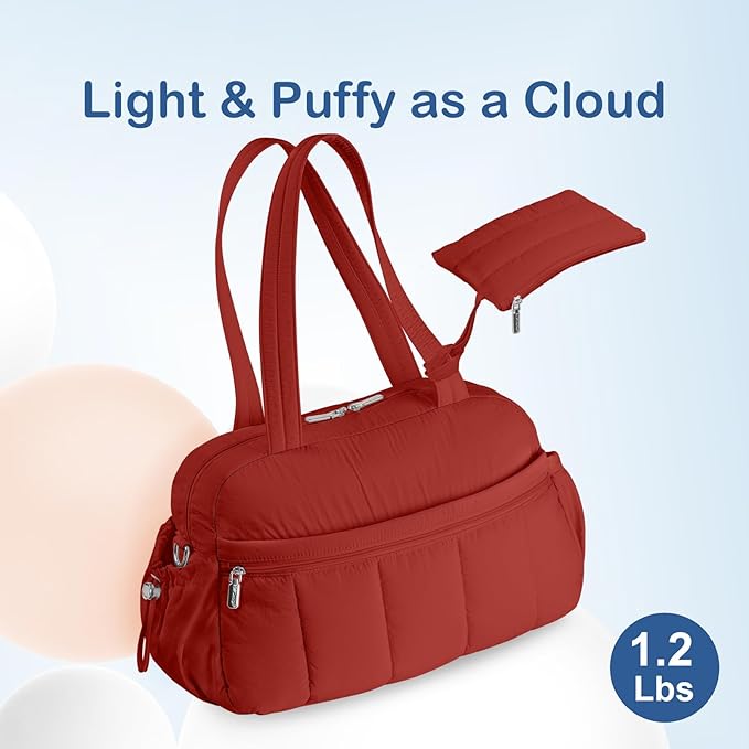 TOPDesign Travel Duffel Bag for Women, Puffer Gym Bag Sports Tote with Wet Pocket, Carry On Weekender with Luggage Sleeve (Maroon)