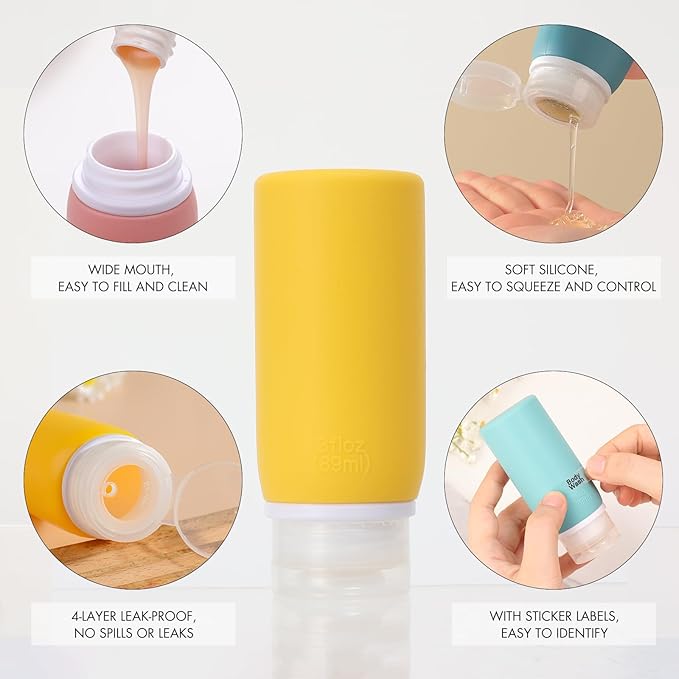 Muslish 21 Pack Travel Bottles for Toiletries, Leak-Proof TSA Compliant Silicone Travel Size Containers for Shampoo and Conditioner, BPA Free with Toiletry Bag (Yellow)