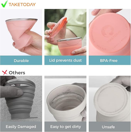 TakeToday Collapsible Travel Cup - Silicone Foldable Water Cup, BPA-Free with Lid & Waterproof Bag - Drinking Cup Set for Camping, Outdoors & International Travel（8 Oz, Lowcountry Peach）