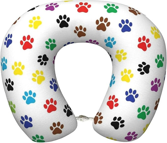 Comfortable Travel Pillow for Pain Relief Sleeping, Memory Foam Airplane Car Neck Pain Pillows Colorful Paw Prints, Funny Chin Head Support Cushion