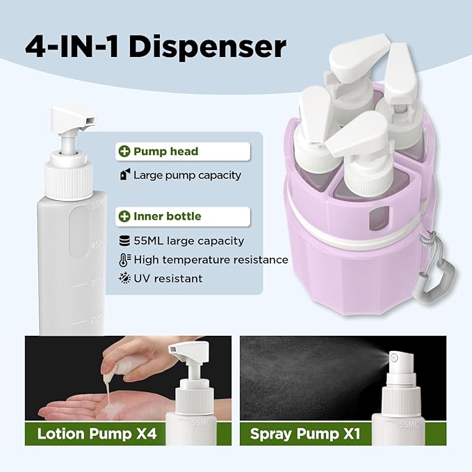 YOTIME 4in1 Travel Bottles with Suction Cup, TSA Approved Leak Proof Travel Size Containers for Toiletries, Refillable Travel Accessories for Shampoo, Body Wash and Conditioner, Pink