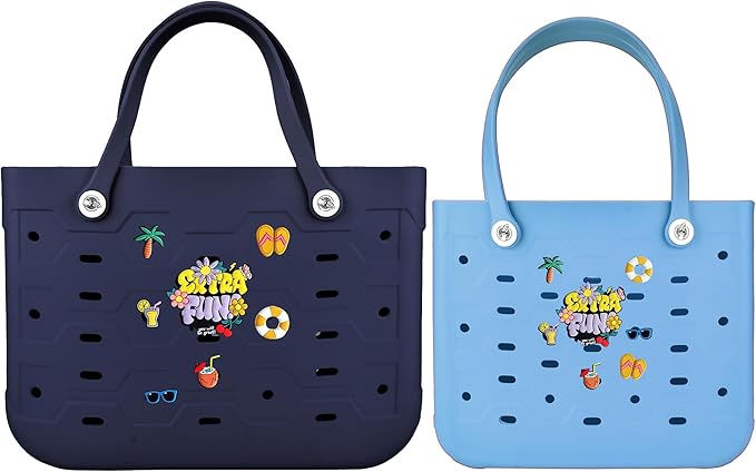 2-Piece Tote Bag Set, Waterproof Rubber Beach Bag with Summer Pattern, Medium & Large Handbag for Pool, Beach, Boat