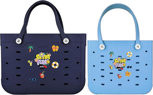 2-Piece Tote Bag Set, Waterproof Rubber Beach Bag with Summer Pattern, Medium & Large Handbag for Pool, Beach, Boat