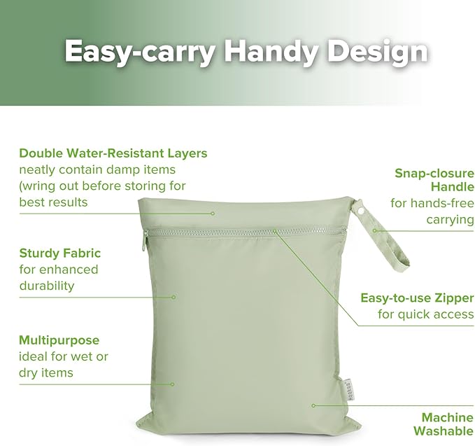 haakaa Waterproof Wet Bags for Baby, Wet Dry Bags for Diaper Bag, Travel, Swimsuit, Beach, Pool, Pump Parts, Stroller, Daycare,Yoga, Grass, 1pc
