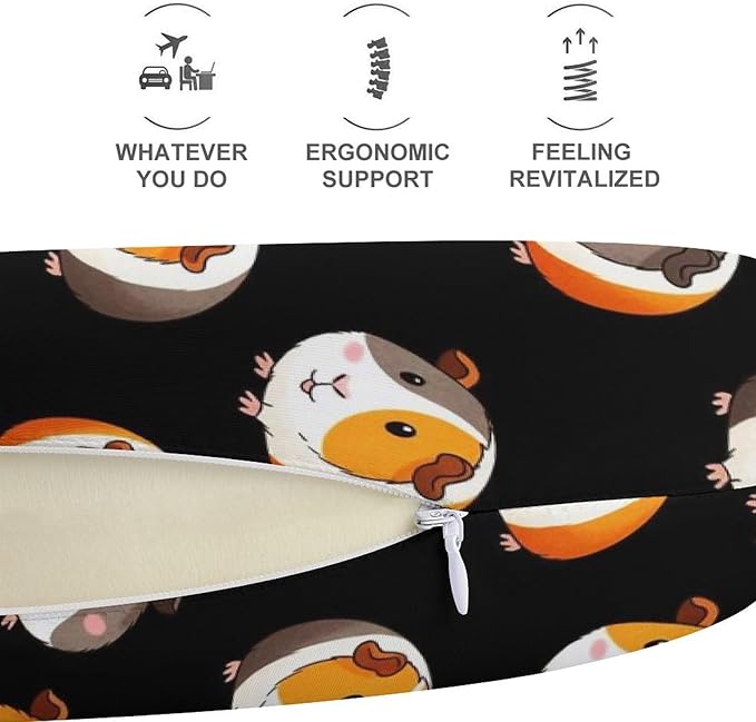Comfortable Memory Foam Travel Neck Pillow Cute Cartoon Guinea Pig Black, Washable Removable Cover, Chin Head Support for Airplane Car Office Pain Relief Sleeping