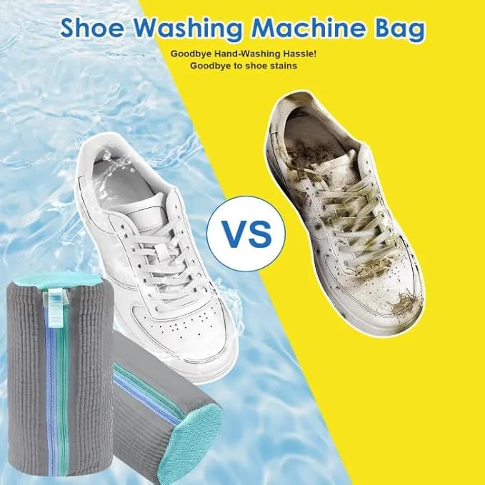 Lazy Shoe Wash Bag – Dual Zipper Chenille Shoe Laundry Bag with Dual Pockets, Anti-Deformation Mesh Wash Bag for Machine Washing Sneakers, Running Shoes & Kids’ Shoes, Gray