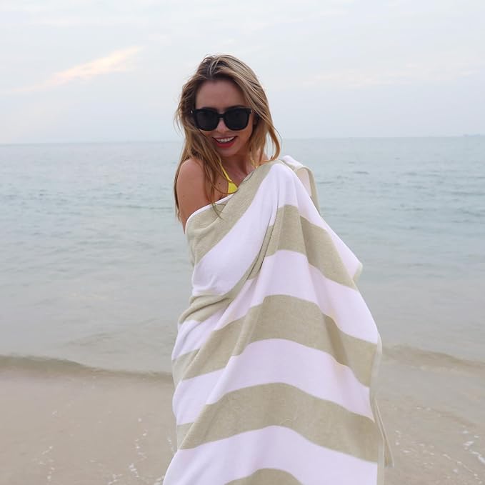 CLOWOOD Plush Oversized Beach Towel - Cotton 40 x 70 Inch Large Thick Chiffon Striped Cabana Pool Swimming Towel