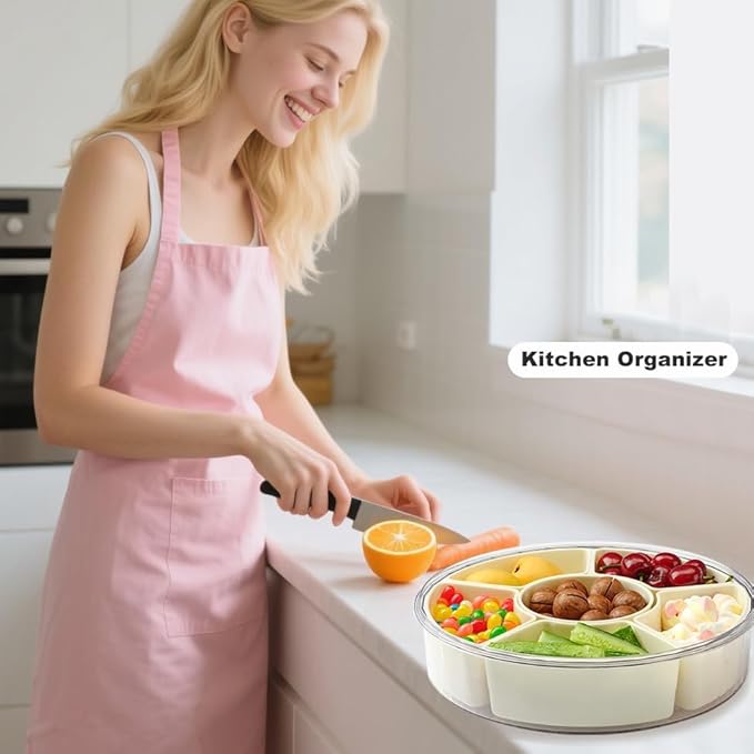 Rotating Divided Serving Tray with Lid and Handle,6 Compartments Snackle Box Container,12" Large Snack Spinner Lazy Susan,Snack Box Organizer Veggie Tray Fruit Platter Charcuterie Container Platterbox