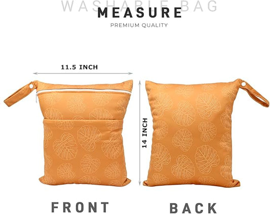 Wet Dry Bag Waterproof Reusable Wet Bag for Swimsuit, Travel, Beach, Pool, Bathing, Diapers, Dirty Yoga Gym Clothes Toiletries Daycare Organizer with Two Zippered Pockets (yellow leaf)