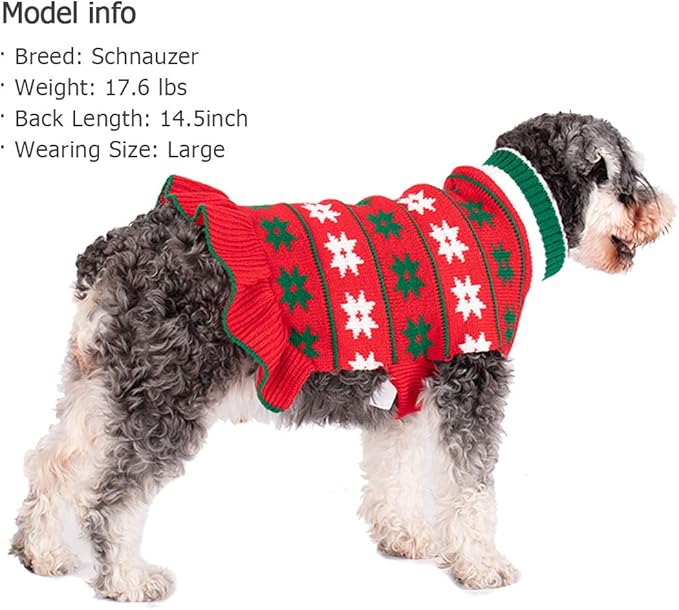 KYEESE Dog Christmas Sweater Knit Dog Sweater for Small Dogs with Snowflake Warm Dogs Clothes Pet Coats Turtleneck Pet Sweater Dress with Leash Hole, Girl Red, X-Large