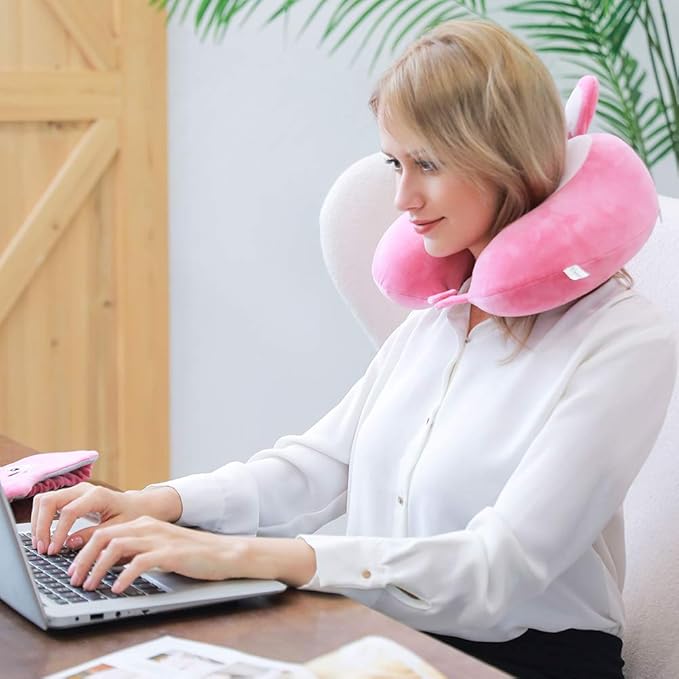 Umerci Travel Pillow, Memory Foam Neck Pillow with 360-Degree Head Support Comfortable Airplane Pillow with Storage Bag Lightweight Traveling Pillow for Sleeping, Car, Train, Bus and Home Use (Bunny)