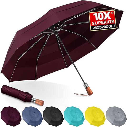 Umbrellas for Rain, 47" Large Windproof Travel Umbrella, Triple-Layer Vented Canopy, 10 Fiberglass Ribs, Auto Open Close Compact Umbrella, Wooden Handle, Heavy Duty for Commute, Gifts for Men & Women