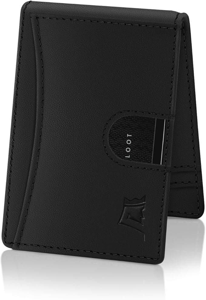 Kings Loot Money Clip Slim Minimalist Wallet for Men – RFID Blocking Leather Design with Money Clip – Front Pocket Bifold Holds 12 Cards – Stylish & Compact Wallets (Black/Engraved)